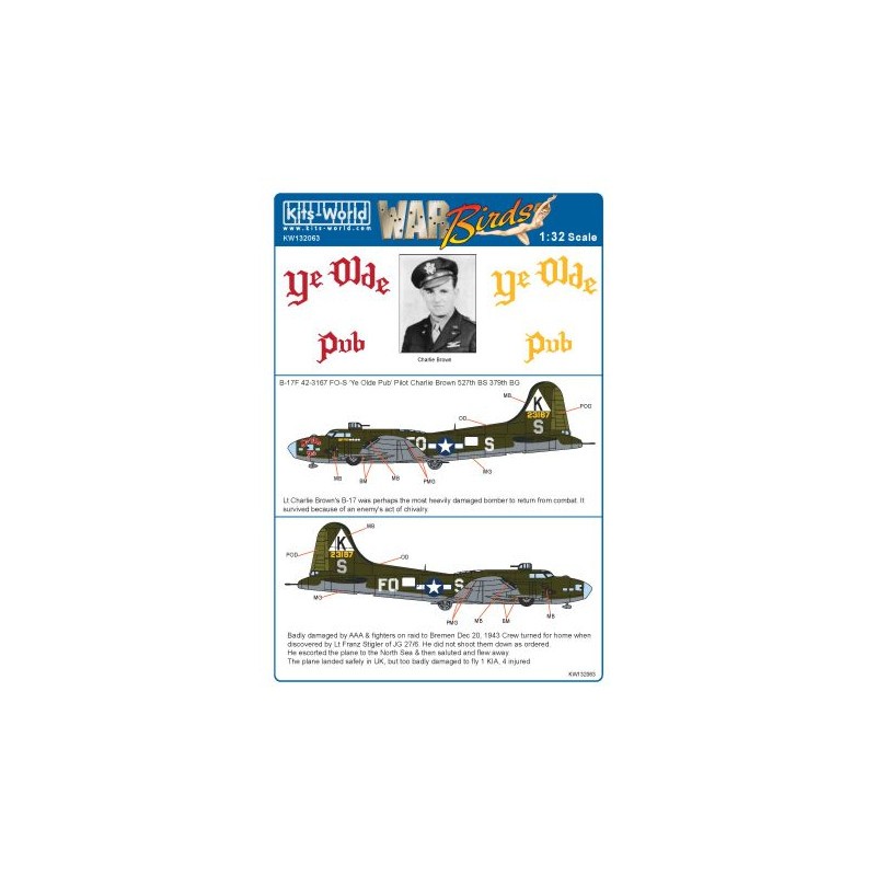 Décal Boeing B-17F Flying Fortress 42-3167 FO-S 'K' 'Ye Olde Pub' 527th BS/379th BG (conçu pour être utilisé avec les kits Hong