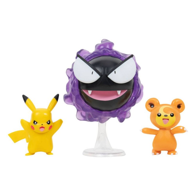 Pokémon pack 3 figurines Battle Teddiursa, Pikachu 9, Fantominus 5 cm