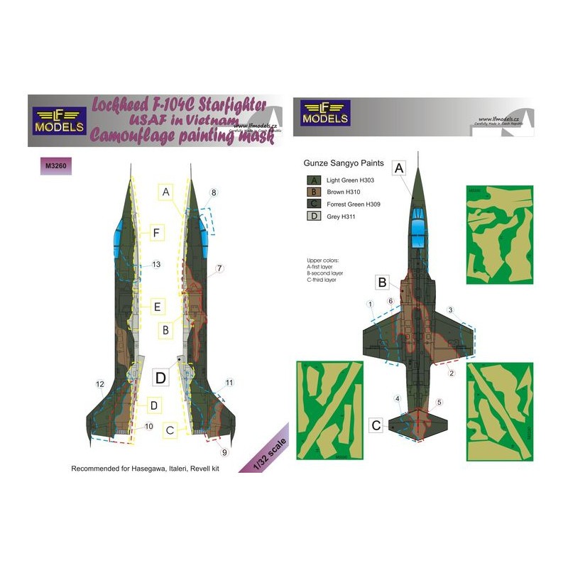 Masque de peinture à motif camouflage Lockheed F-104C Starfighter USAF au Vietnam (conçu pour être utilisé avec les kits Hasegaw