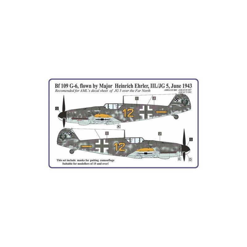 Masque de peinture à motif camouflage Messerschmitt Bf-109G-6 Ehrler à utiliser avec AMLD4829