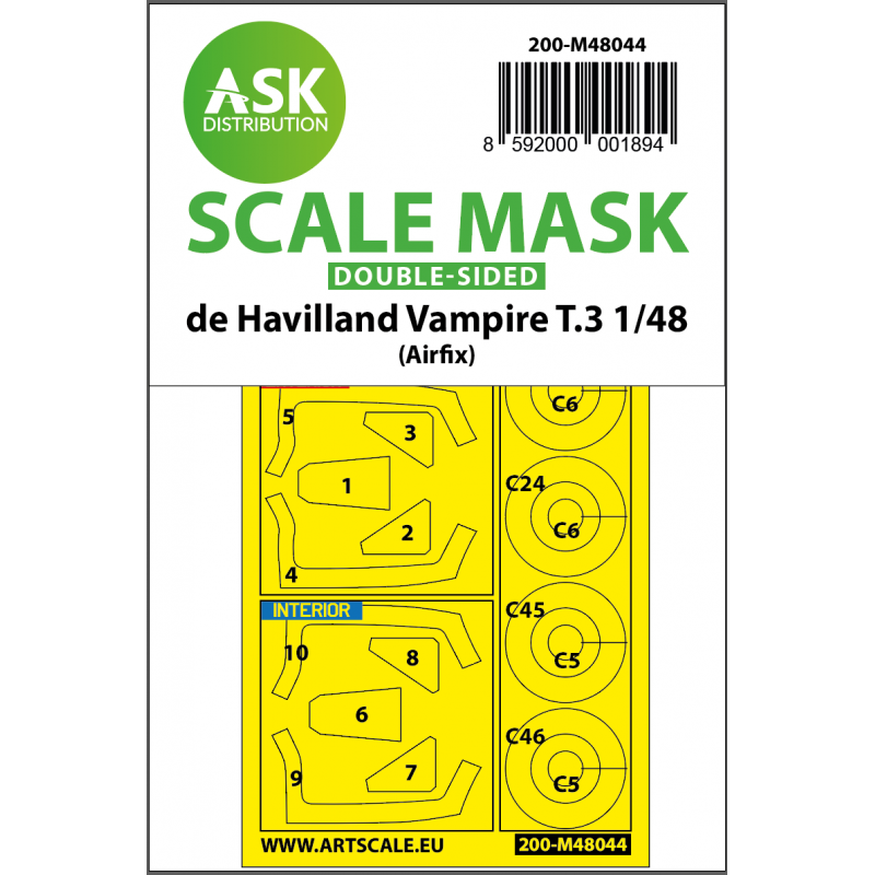 Masques de roue et de verrière De Havilland Vampire T.3 (intérieur et extérieur) (conçus pour être utilisés avec les kits Airfix