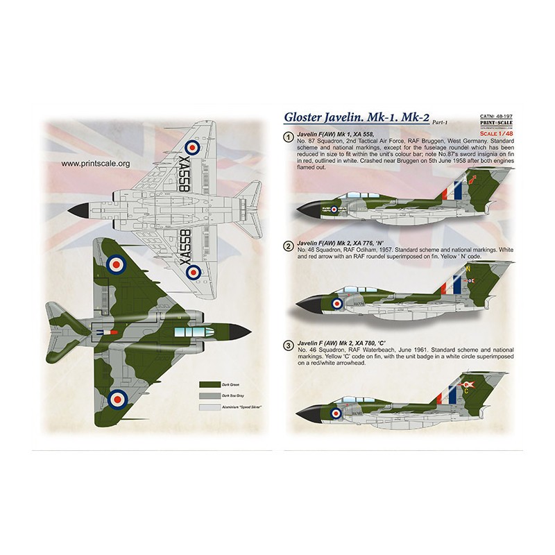 Décal Gloster Javelin FAW.9/9R Part-1 1. Javelin F(AW) Mk 1, XA 558, A No. 87 Squadron