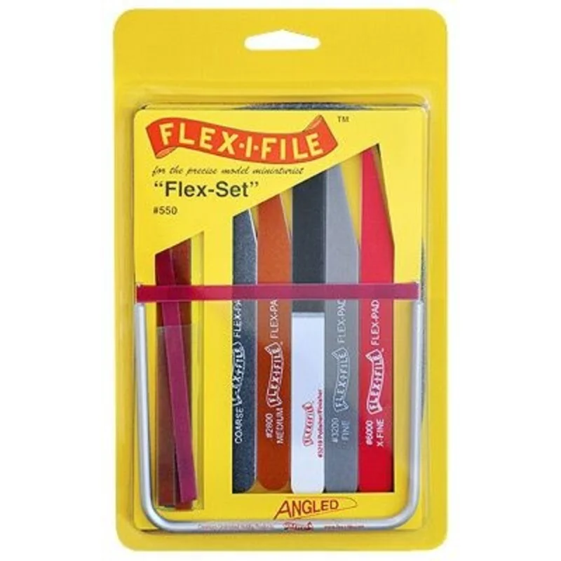 Flex Set inclut 5 flex-pads (X-fine, fine, Medium et épais), 1 triple grit polisher, 1 anodized aluminum frame, et 8 assorted ab