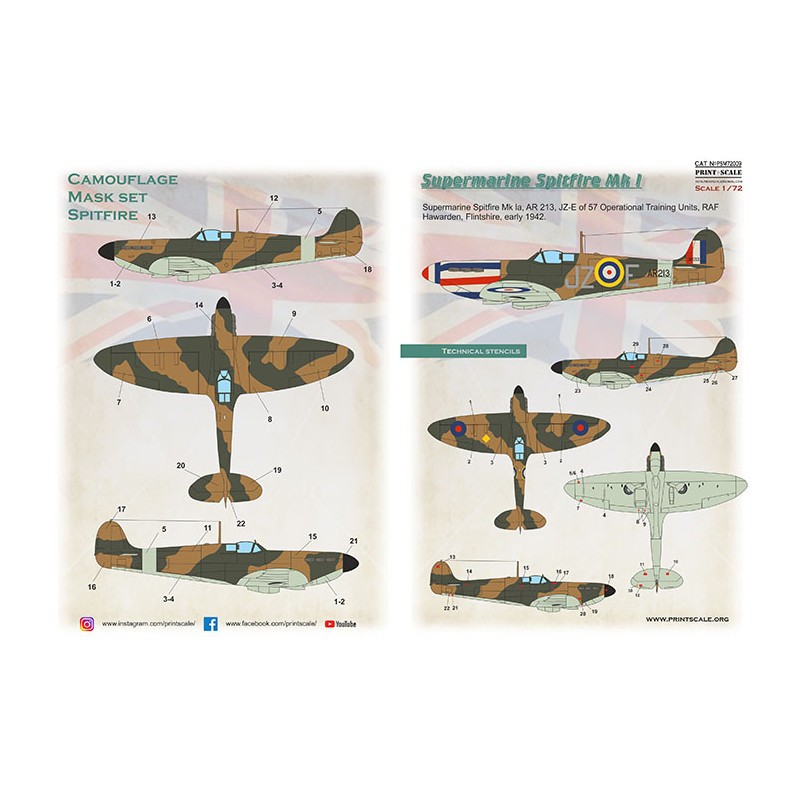 Supermarin Spitfire Mk.I includes camouflage pattern paint mask and decals.Supermarine Spitfire Mk la, AR 213, JZ-E of 57 Operat