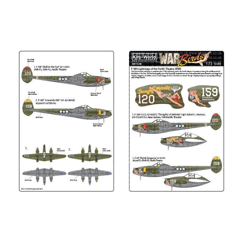 Décal Lockheed P-38 Lightnings - début de la guerre.P-38H 'Thoughts of Midnight'' 42-66825 Pacific Theatre.P-38F 'légèrement dan