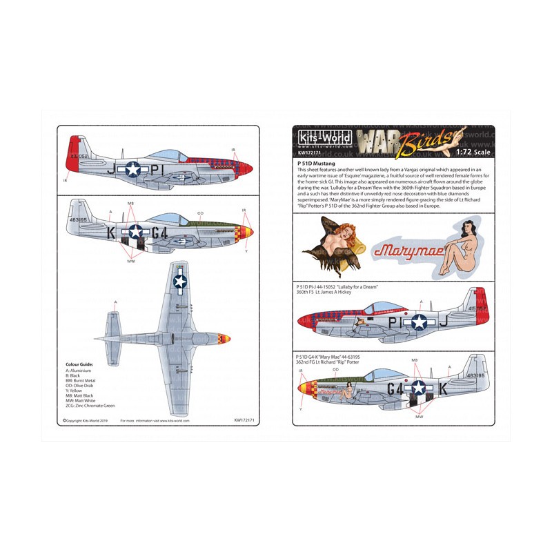 Décal North-American P-51D Mustang 44-15052 PI-J 'Lullaby for a Dream' Pilot Lt. James A Hickey