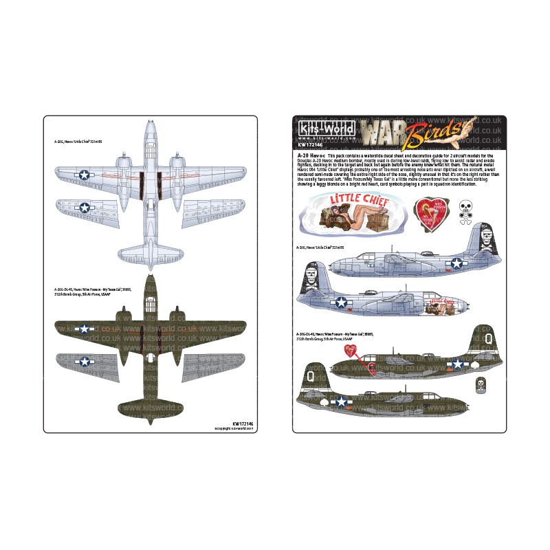 Décal Douglas A-20 Havocs A-20G, Havoc Little Chief 321st BS - A-20G-DL-40, Havoc Miss Possum My Texas Gal , 388BS, 312th Bomb G