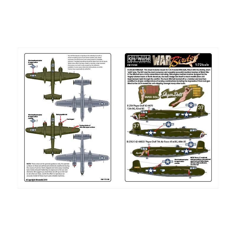 Décal B-25H nord-américain 'Paper Doll' 43-4470 12e BG, 82e BS. B-25G-5 42-64833 'Paper Doll' 7th Air Force 41st BG, 48th BS. 4.