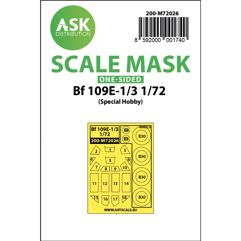Masque de peinture pour roue et verrière Messerschmitt Bf-109E-1/Bf-109E-3 (extérieur uniquement) (conçu pour être utilisé avec