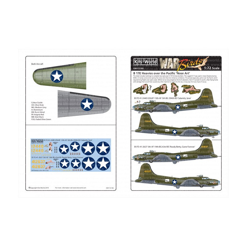 Décal Boeing B-17E 41-2440 USAAF 13e AF 5e BG 394e BS 'Calamity Jane'.Boeing B-17E-41-2637 5e AF 19e BG 63e BS 'Ready Betty, Gon