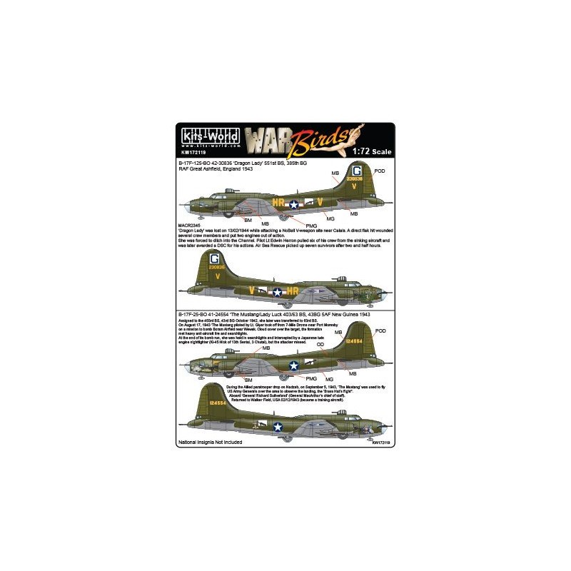 Décal Boeing B-17F-125-BO Flying Fortress 42-30836 'Dragon Lady' 551st BS 385th BG (HR-V) - B-17F-25-BO 41-24554 'The Mustang/La