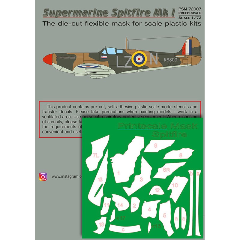 Supermarin Spitfire Mk.I includes camouflage pattern paint mask and decals.Supermarine Spitfire Mk l, R6800, LZ-N of No 66 Sqn.