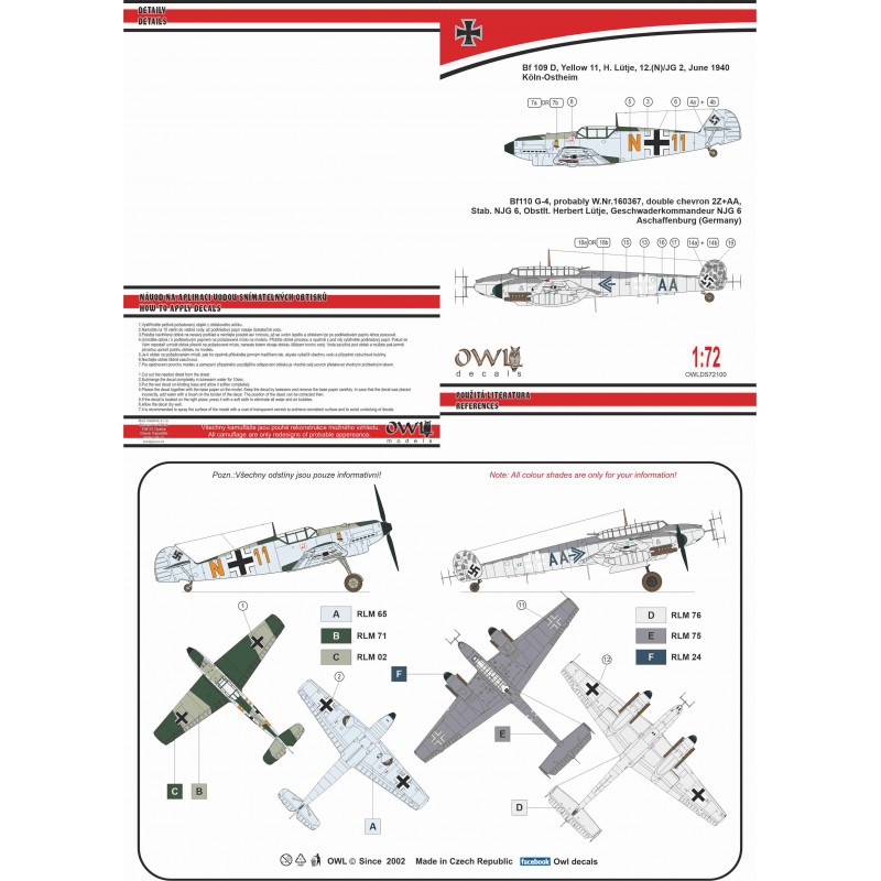 Décal Herbert Lütje Messerschmitt Bf-109D/Bf-110G-4