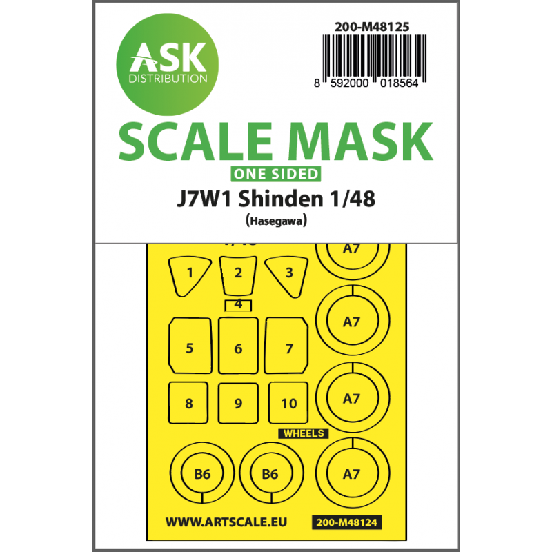 J7W1 Shinden one-sided self adhesive masks for clear parts and masks for the wheels for Hasegawa