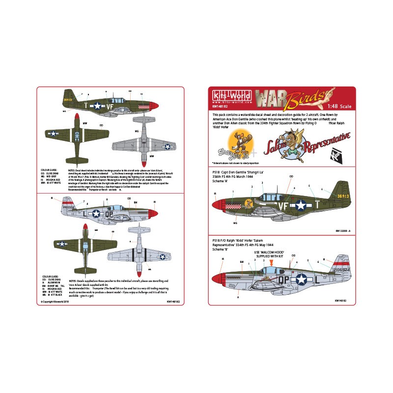 Décal North-American P-51B Mustang 43-6913 VF-T - 'Shanghri La' 336th FS 4th FG Mars 1944 - P-51B 42-106924 QP - 'Salem Represen