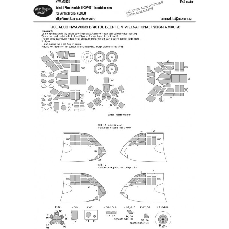 Masques kabuki Bristol Blenheim Mk.I EXPERT, y compris les masques latéraux intérieurs, toutes les autres pièces transparentes,