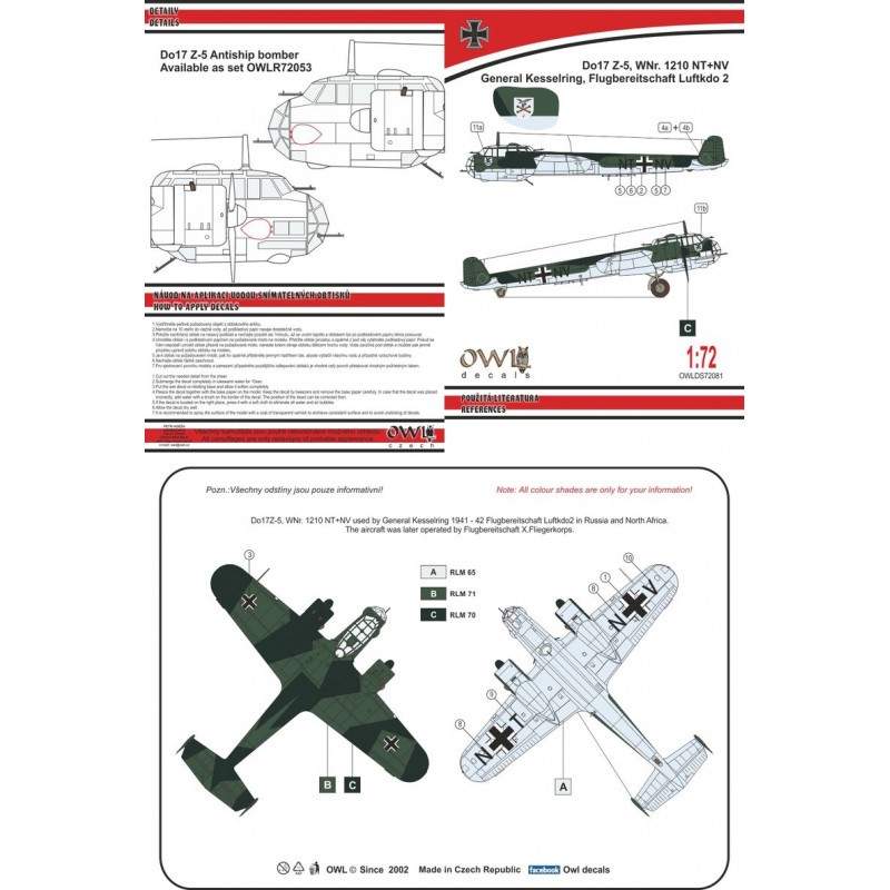 Décal Dornier Do-17Z-5 Luftflotte 2 (Général Kesselring) NT+NV
