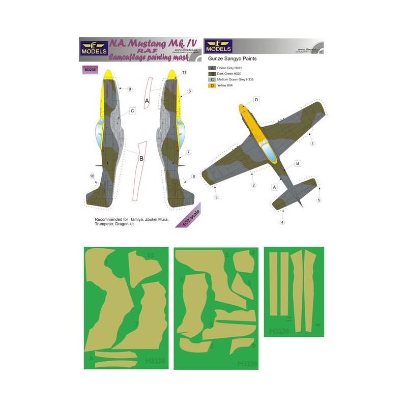 Masques de peinture à motif camouflage North-American Mustang Mk.IV RAF Part I (conçus pour être utilisés avec les kits Dragon,